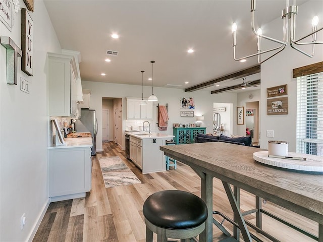 kitchen with light countertops, recessed lighting, white cabinetry, light wood-type flooring, and visible vents