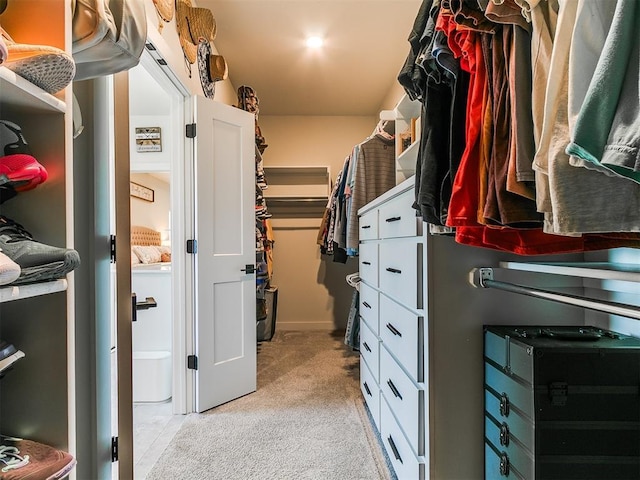 walk in closet with light colored carpet