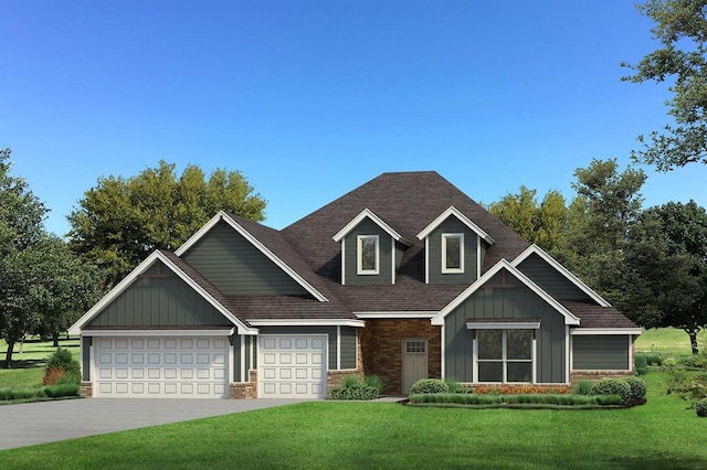craftsman-style home with a front lawn, a shingled roof, an attached garage, and board and batten siding