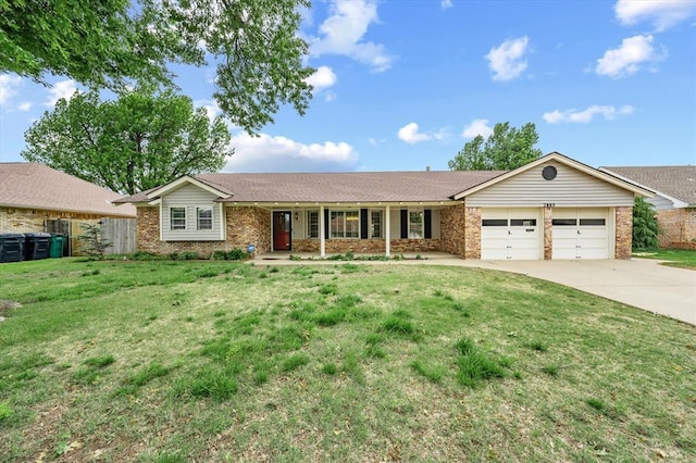 ranch-style home featuring a garage, fence, driveway, and brick siding