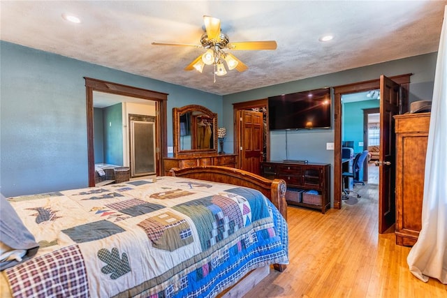 bedroom featuring recessed lighting, light wood finished floors, and ceiling fan