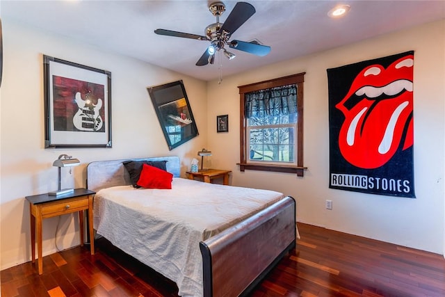 bedroom featuring recessed lighting, ceiling fan, and dark wood-type flooring