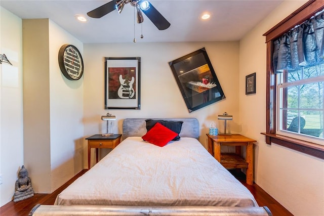 bedroom featuring ceiling fan, recessed lighting, and wood finished floors