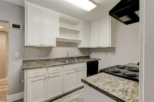 kitchen with open shelves, a sink, black appliances, light wood finished floors, and under cabinet range hood