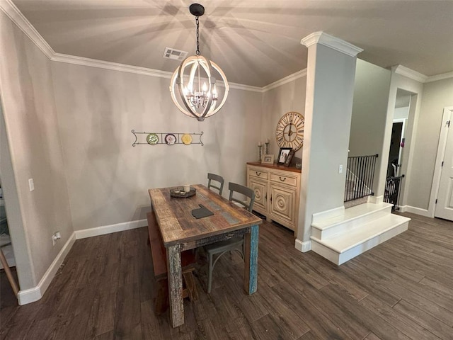 dining room featuring visible vents, baseboards, ornamental molding, dark wood finished floors, and a notable chandelier