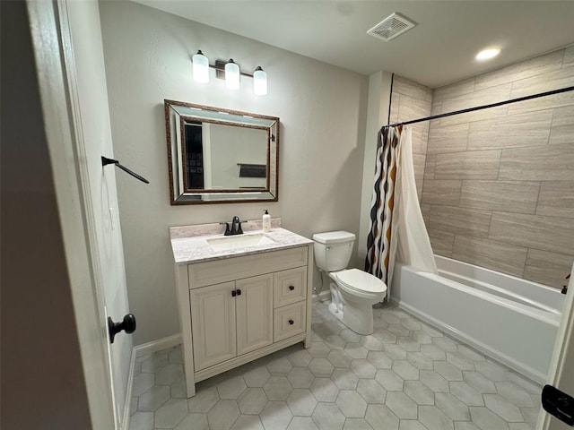 bathroom with shower / bathtub combination with curtain, vanity, tile patterned floors, toilet, and visible vents