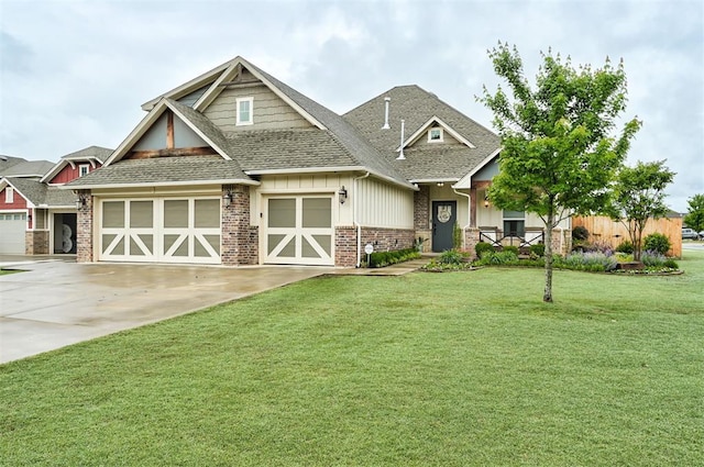2201 Creek Side Cir, Moore, OK 73160 - craftsman house featuring concrete driveway, a front lawn, a garage, roof with shingles, and board and batten siding