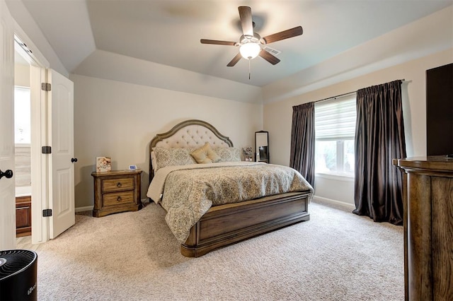 2201 Creek Side Cir, Moore, OK 73160 - bedroom featuring light colored carpet, baseboards, ceiling fan, and lofted ceiling