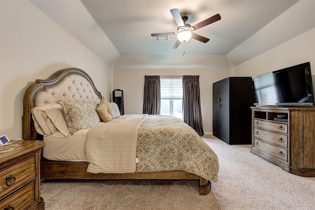 2201 Creek Side Cir, Moore, OK 73160 - bedroom with light carpet, vaulted ceiling, and ceiling fan