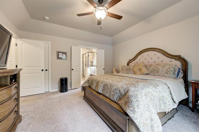 2201 Creek Side Cir, Moore, OK 73160 - bedroom featuring light carpet, baseboards, and a ceiling fan
