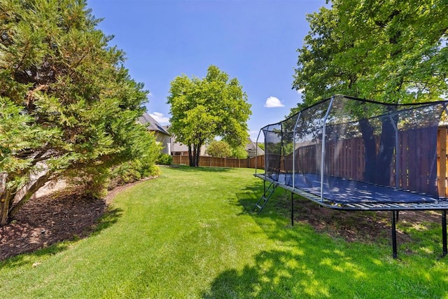 view of yard with a fenced backyard and a trampoline