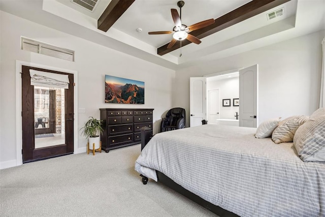 carpeted bedroom with beamed ceiling, visible vents, access to exterior, and baseboards