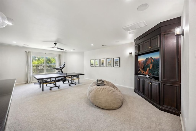 game room with baseboards, visible vents, recessed lighting, and light colored carpet