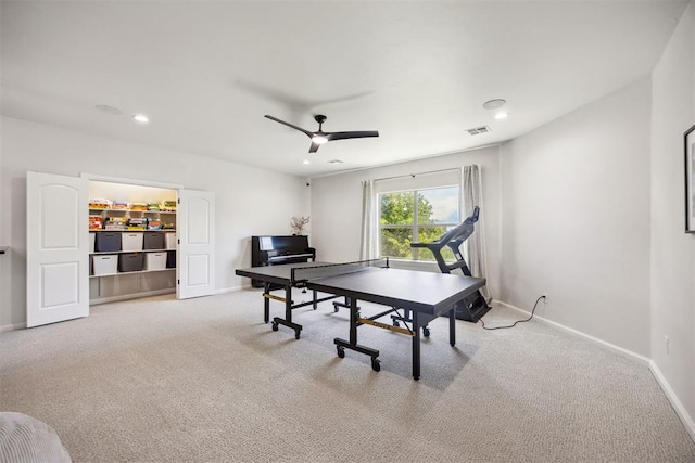 game room featuring carpet flooring, ceiling fan, recessed lighting, baseboards, and visible vents
