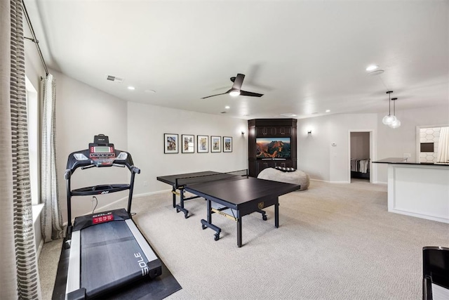 game room featuring ceiling fan, light colored carpet, recessed lighting, baseboards, and visible vents