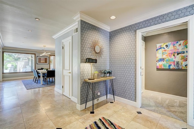 corridor with crown molding, visible vents, baseboards, recessed lighting, and tile patterned floors