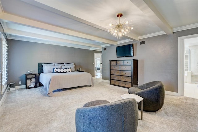 carpeted bedroom with ornamental molding, a notable chandelier, beam ceiling, and visible vents