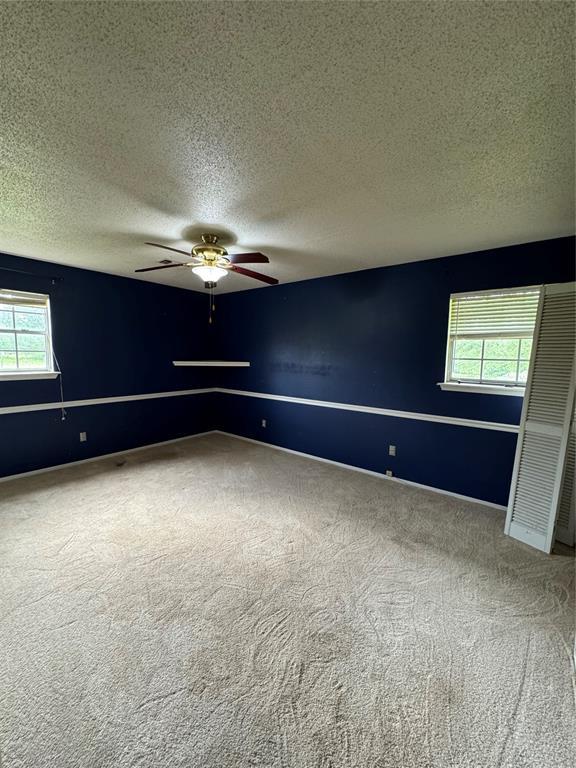 carpeted spare room featuring a textured ceiling, ceiling fan, and a healthy amount of sunlight