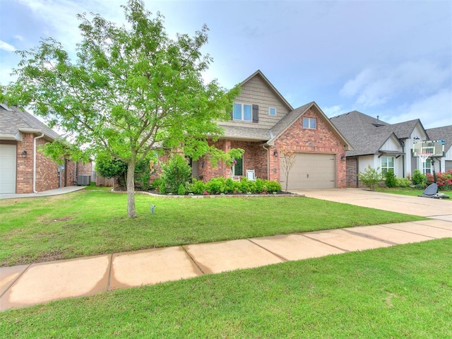 craftsman-style home featuring a garage, a front yard, brick siding, a shingled roof, and driveway