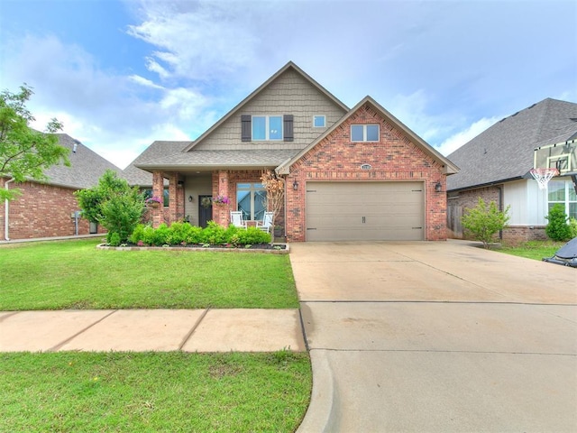 craftsman inspired home with covered porch, a front yard, brick siding, an attached garage, and driveway