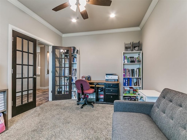 office area with carpet flooring, a ceiling fan, ornamental molding, and french doors