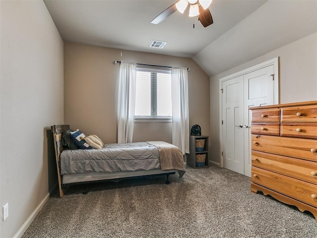bedroom with visible vents, baseboards, a ceiling fan, carpet, and vaulted ceiling