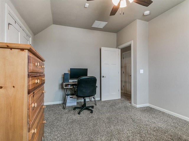office featuring baseboards, a ceiling fan, carpet flooring, and lofted ceiling