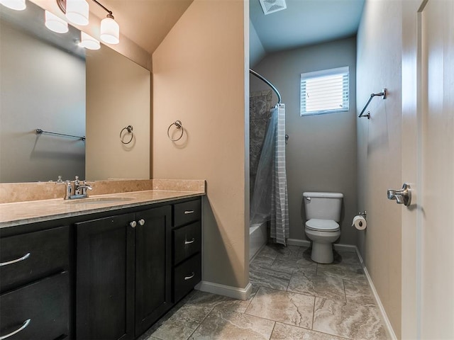 full bathroom with vanity, toilet, shower / bathtub combination with curtain, baseboards, and visible vents
