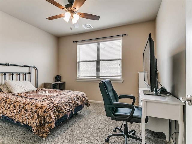 bedroom featuring carpet flooring, baseboards, visible vents, and ceiling fan