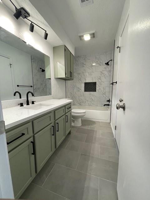 bathroom with vanity, bathing tub / shower combination, tile patterned floors, toilet, and visible vents