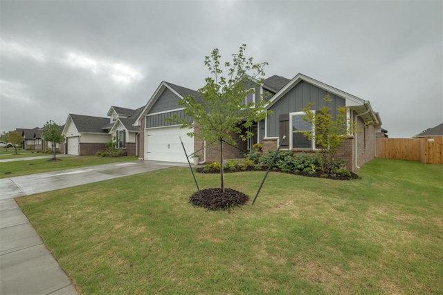 view of front of home with fence, brick siding, board and batten siding, a front yard, and concrete driveway