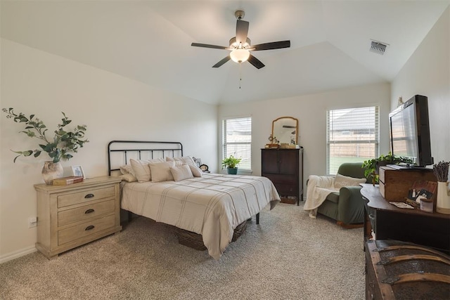 9304 NW 89th St, Yukon, OK 73099 - bedroom with light carpet, vaulted ceiling, and a ceiling fan