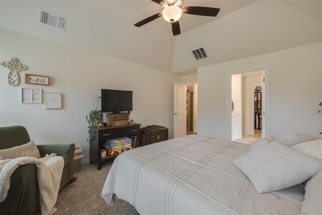 9304 NW 89th St, Yukon, OK 73099 - bedroom featuring carpet flooring, high vaulted ceiling, and a ceiling fan