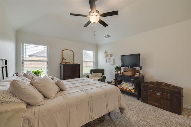 9304 NW 89th St, Yukon, OK 73099 - bedroom featuring light carpet, vaulted ceiling, and ceiling fan