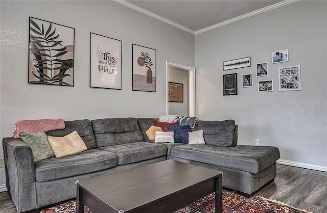 living area with baseboards, ornamental molding, and wood finished floors