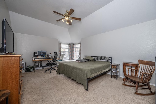 bedroom featuring baseboards, ceiling fan, vaulted ceiling, and light colored carpet