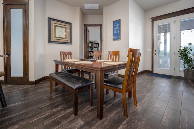 dining space featuring baseboards, visible vents, and dark wood-type flooring