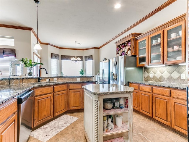 kitchen featuring open shelves, decorative backsplash, brown cabinets, a sink, and stainless steel appliances