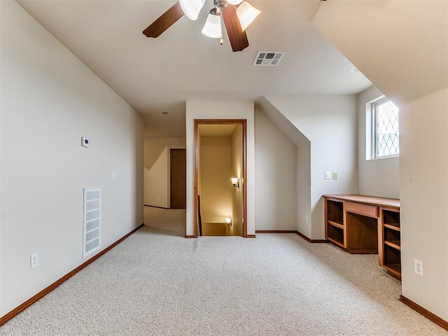 bonus room with visible vents, a ceiling fan, carpet, and baseboards