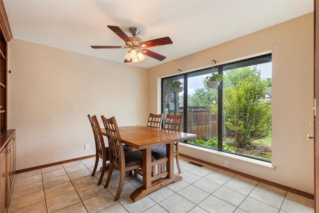 dining space featuring baseboards, ceiling fan, light tile patterned flooring, and visible vents