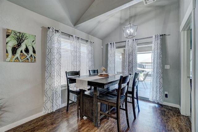 dining room featuring plenty of natural light, baseboards, lofted ceiling, and dark wood-style floors