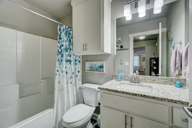 bathroom with vanity, toilet, and shower / bath combination with curtain