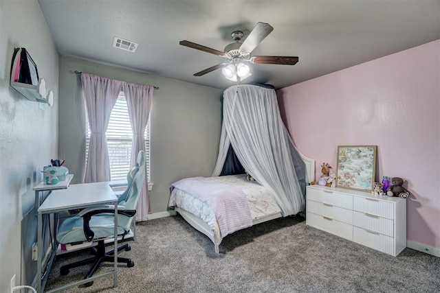 bedroom with carpet flooring, a ceiling fan, baseboards, and visible vents