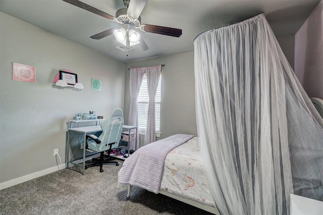 carpeted bedroom featuring baseboards, ceiling fan, and visible vents