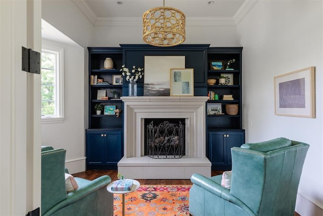 living room with a fireplace with raised hearth, dark wood-style floors, and ornamental molding