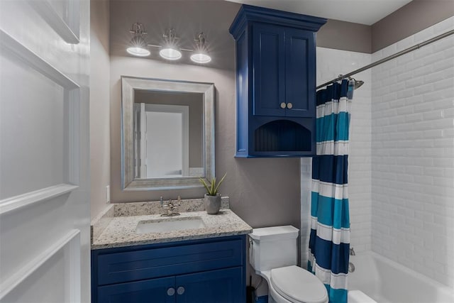 full bathroom with toilet, vanity, and shower / bath combo with shower curtain