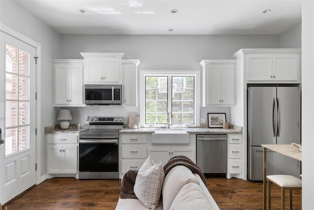kitchen featuring stainless steel appliances, a sink, white cabinets, and dark wood-style flooring