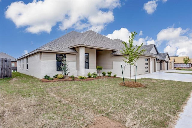 view of front of home with roof with shingles, a garage, brick siding, fence, and concrete driveway