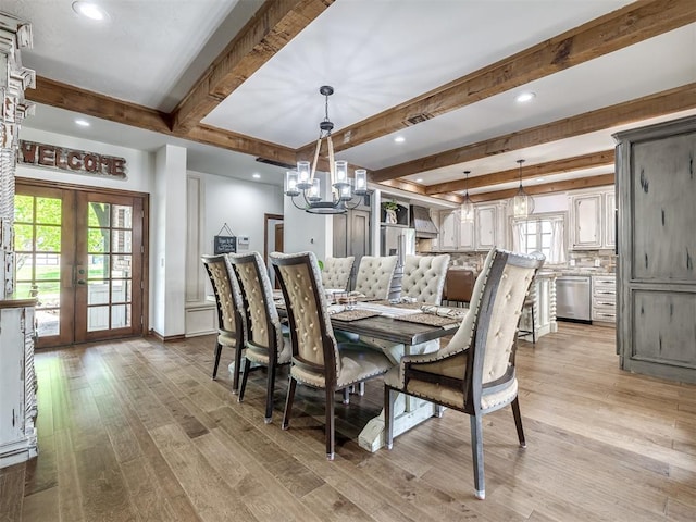 dining area featuring beamed ceiling, baseboards, recessed lighting, a chandelier, and light wood finished floors
