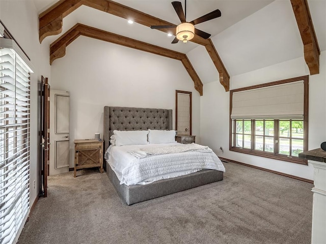 carpeted bedroom with a ceiling fan, high vaulted ceiling, and beamed ceiling